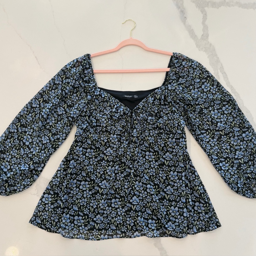 Boohoo Blue Floral Milkmaid Top Square Neck Balloon Sleeves | Size 6